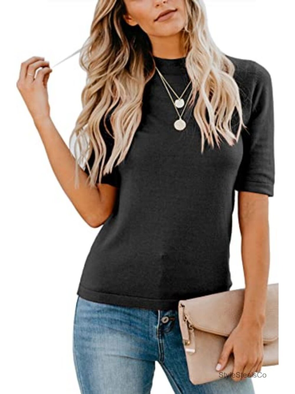 Business Casual Mock Neck Half Sleeve Stretchy Lightweight Cotton Blend T-Shirt